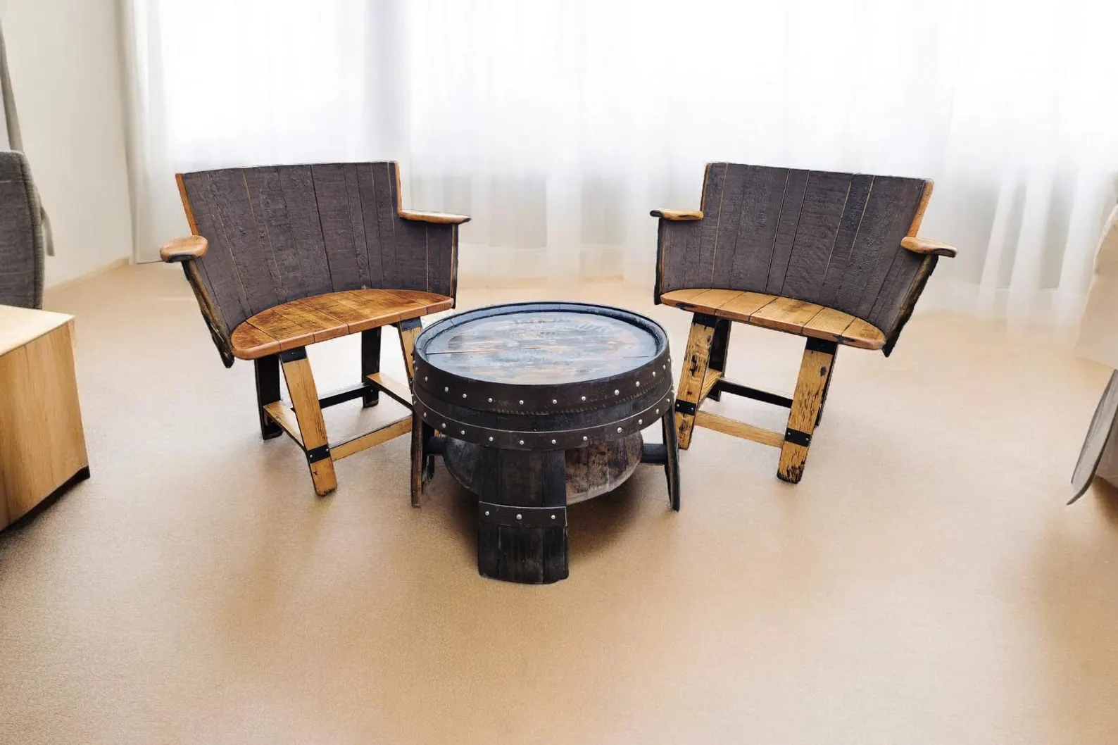 il_1588xN.6552160084_5be4 Set di mobili a botte in botte da whisky – 2 sedie + 1 tavolo artigianali - immagine 1