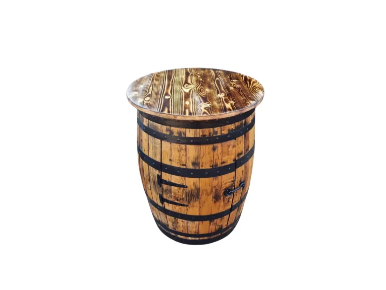 Table tonneau bar de whisky en chêne massif avec rangement